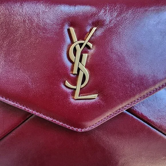 SAINT LAURENT Cassandre Large Envelope Pouch in Shiny Leather Dark Ruby - Picture 2 of 7